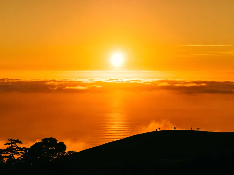 Amanecer dorado sobre el mar desde una colina